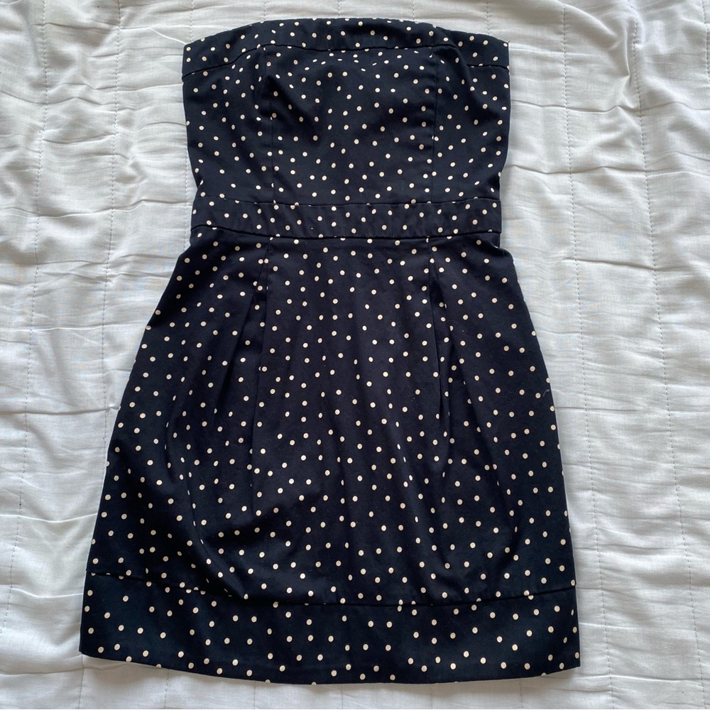 Mango Strapless Black Dress with Cream Polka Dots